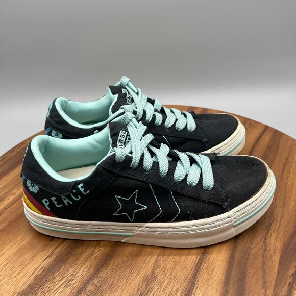 Converse Chuck Taylor All Star CTAS Shoes Womens 7.5 Black Peace Signs Casual - Picture 1 of 8